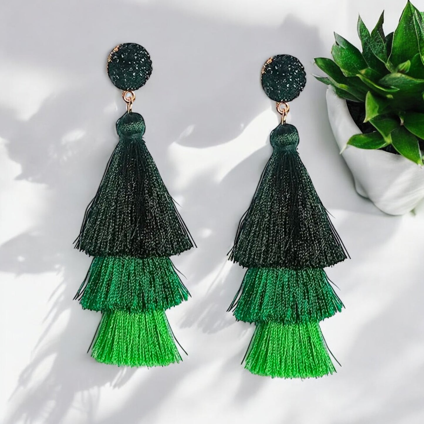Emerald Cascade: Green Tiered Tassel Earrings