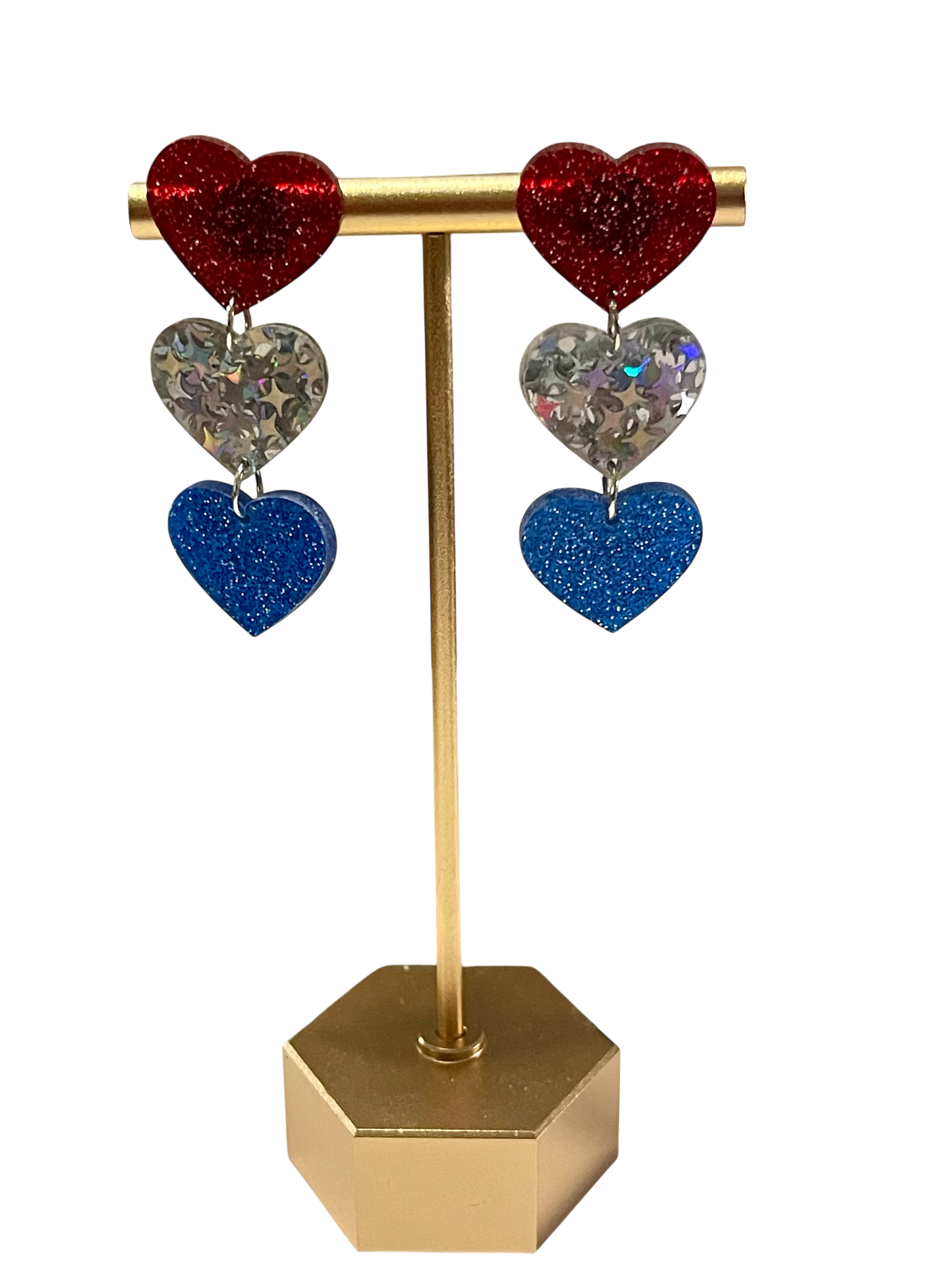 Triple Sparkle Patriotic Heart Earrings