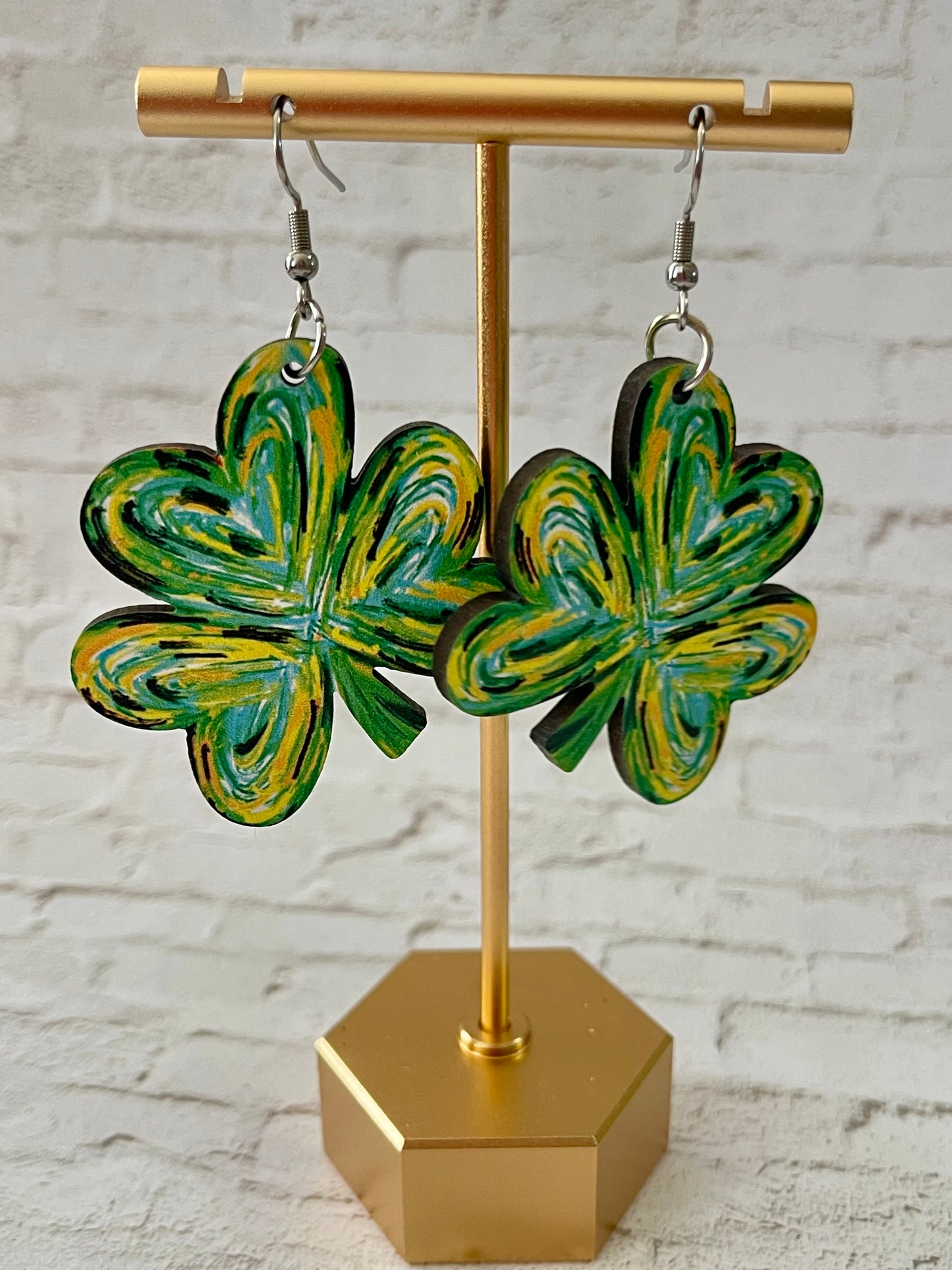 Hand-Painted Four-Leaf Clover Wooden Earrings
