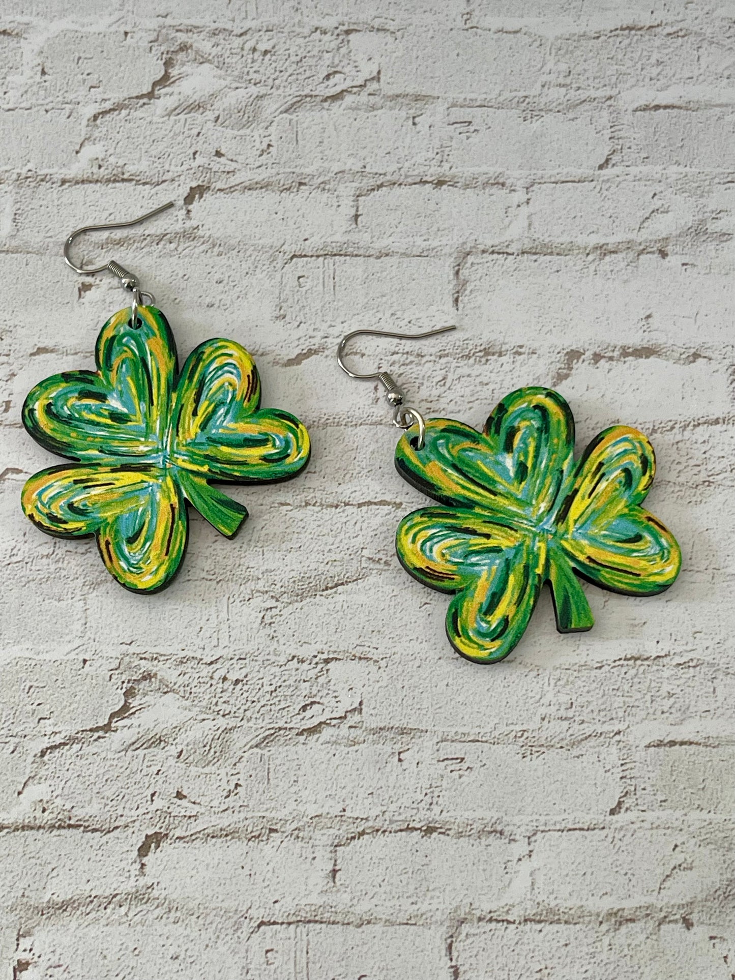 Hand-Painted Four-Leaf Clover Wooden Earrings