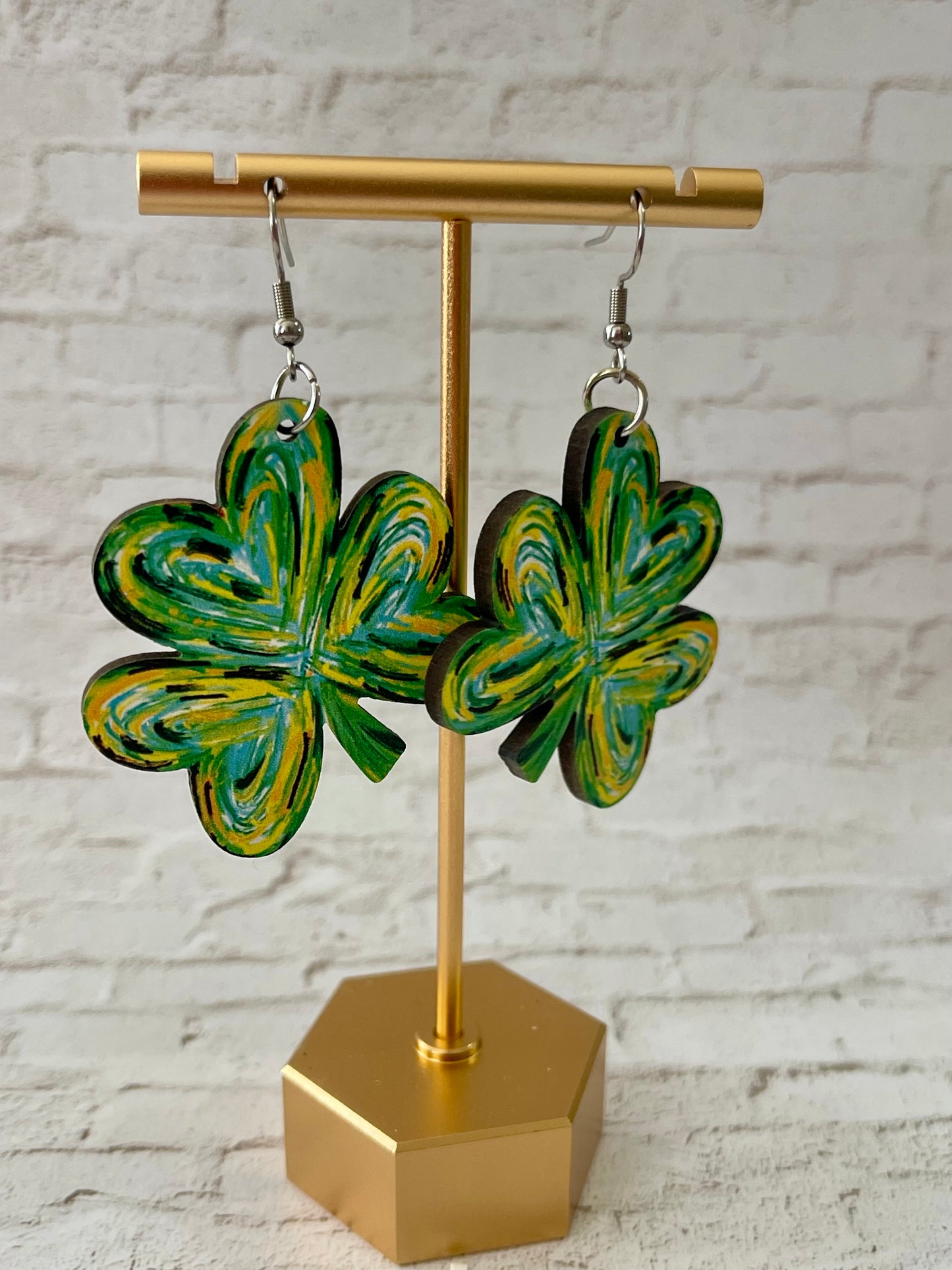 Hand-Painted Four-Leaf Clover Wooden Earrings