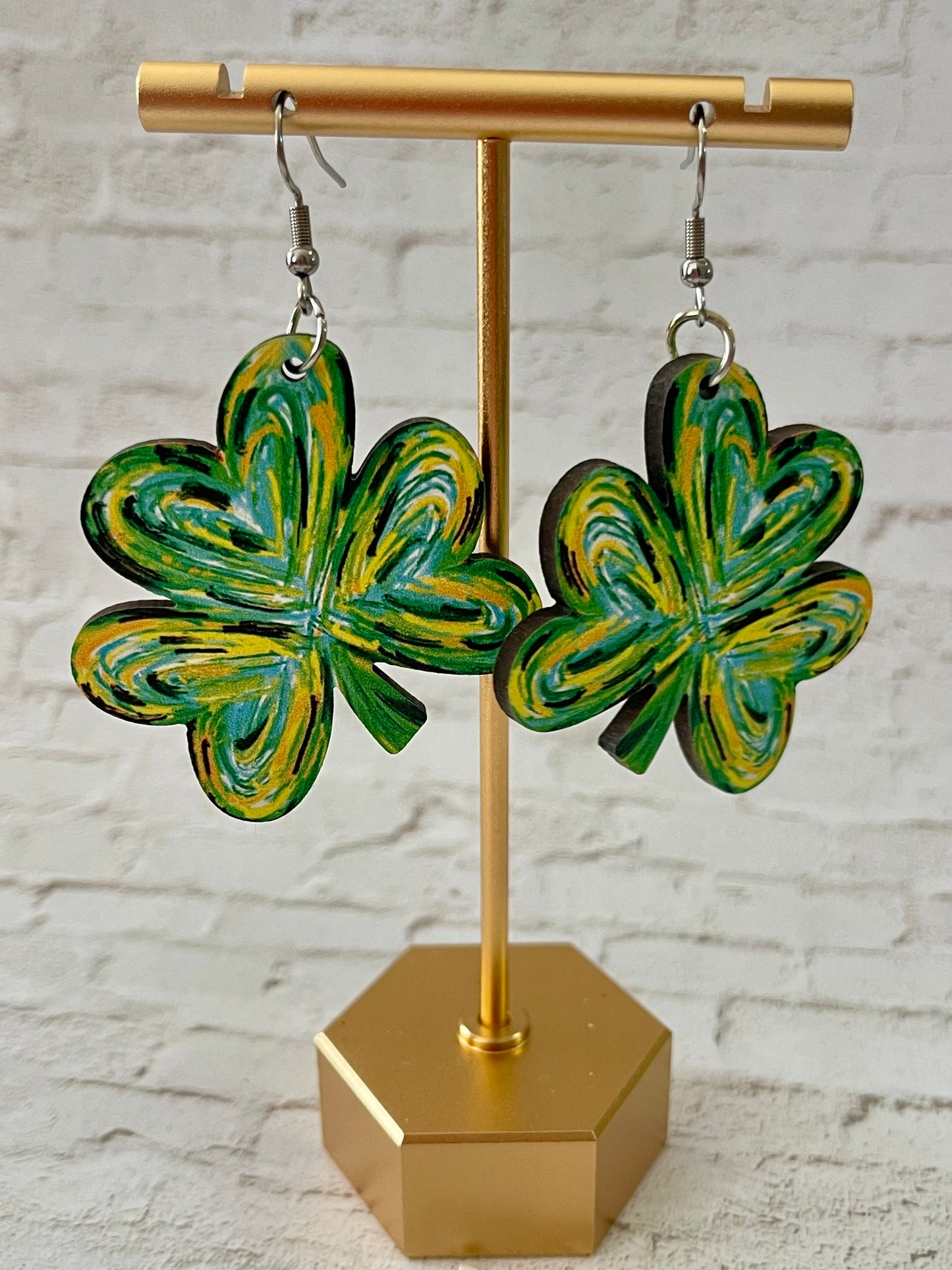 Hand-Painted Four-Leaf Clover Wooden Earrings