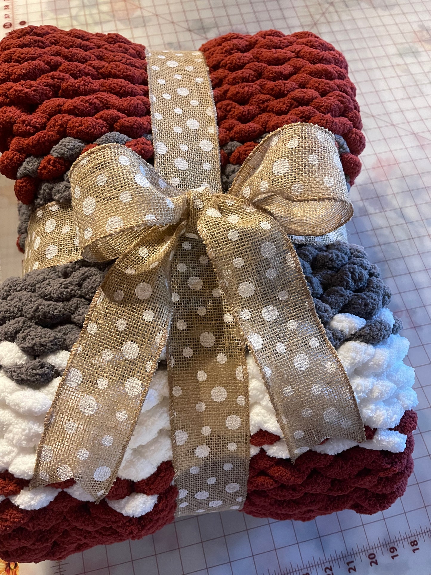 Handmade Crimson, Gray, and White Chunky Chenille Blanket