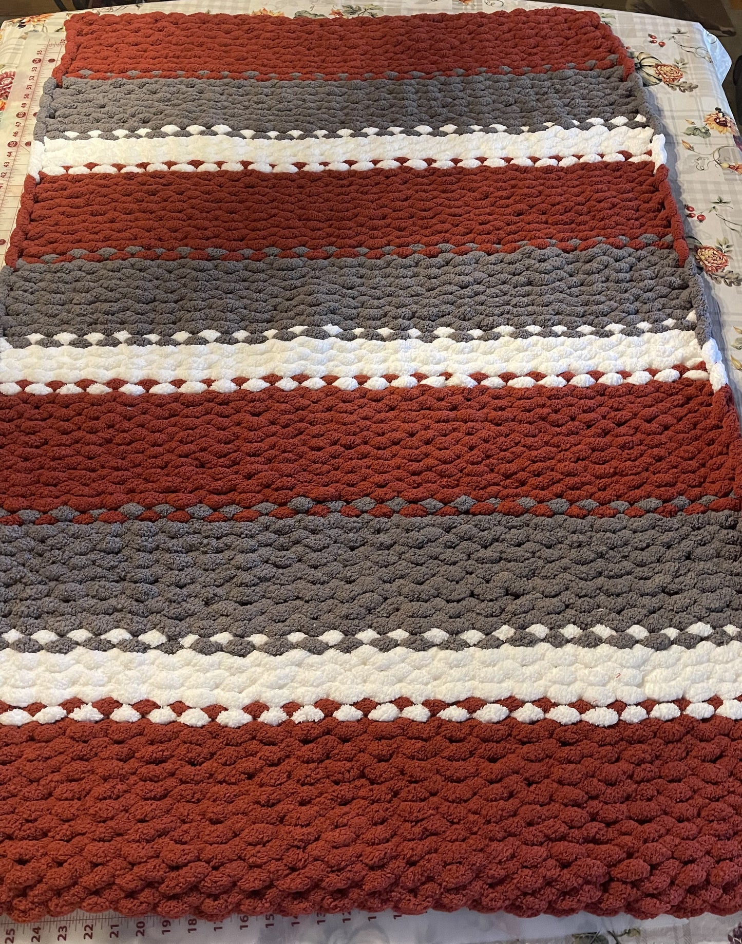 Handmade Crimson, Gray, and White Chunky Chenille Blanket