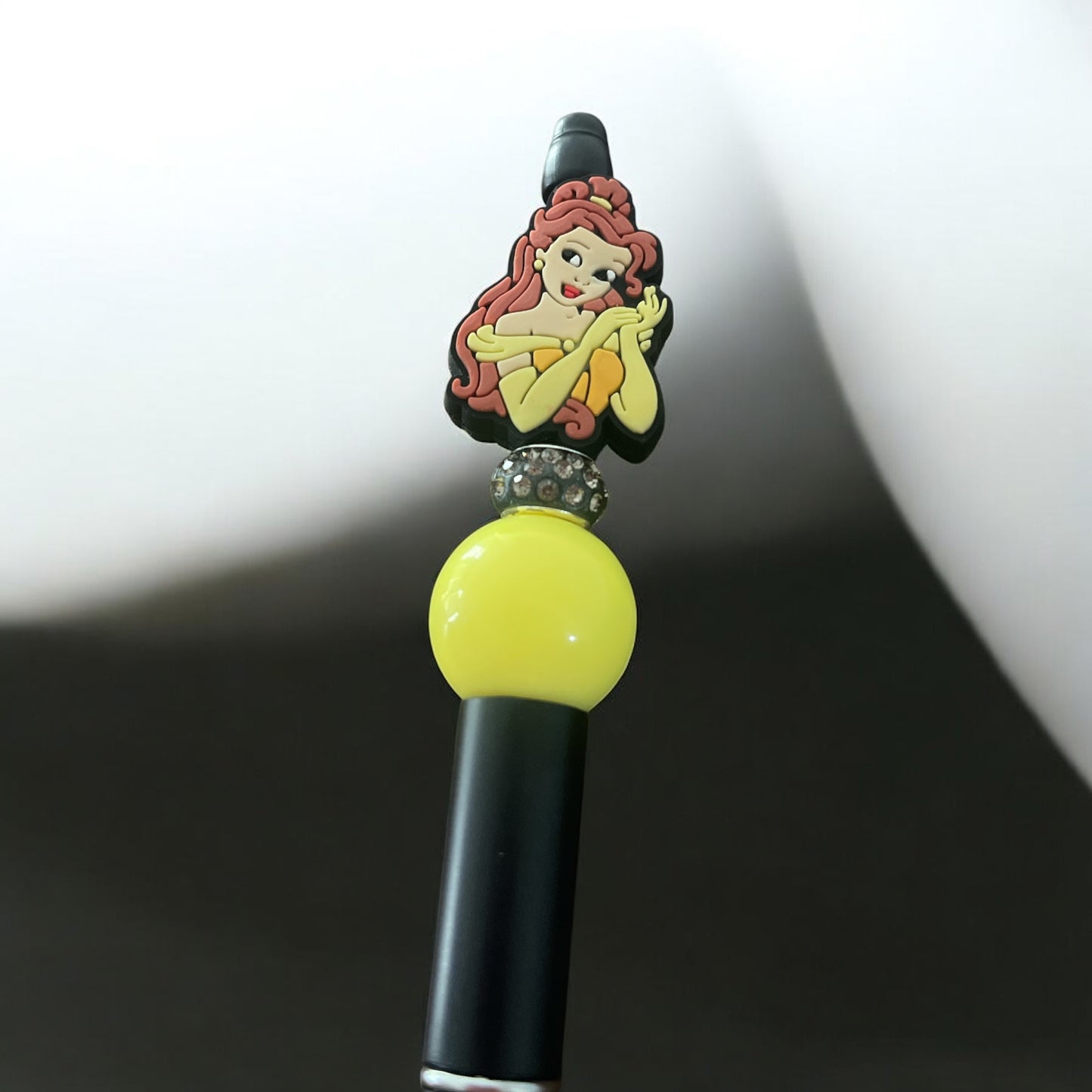 Black Ink Pen with Beauty & the Beast “Belle” Bead – Yellow & Rhinestone Accents