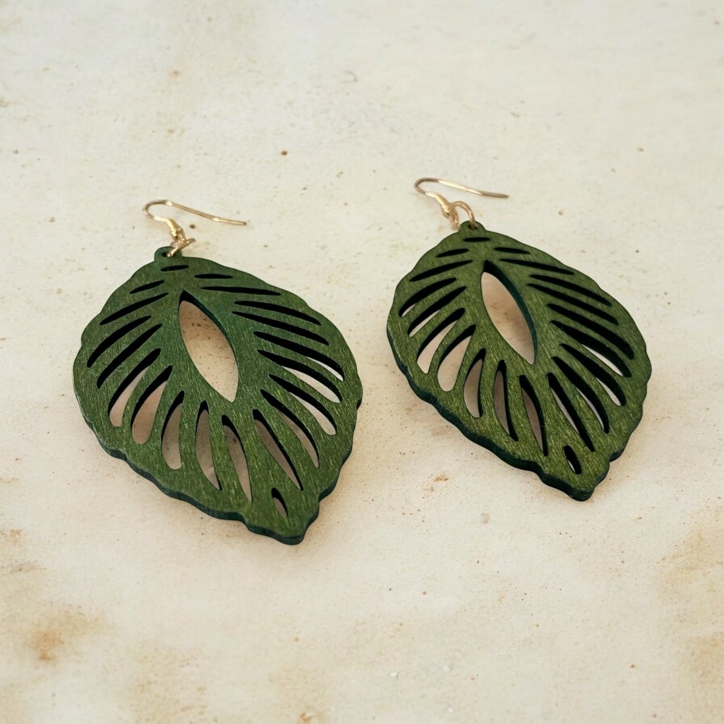 Nature-Inspired Green Wooden Leaf Earrings