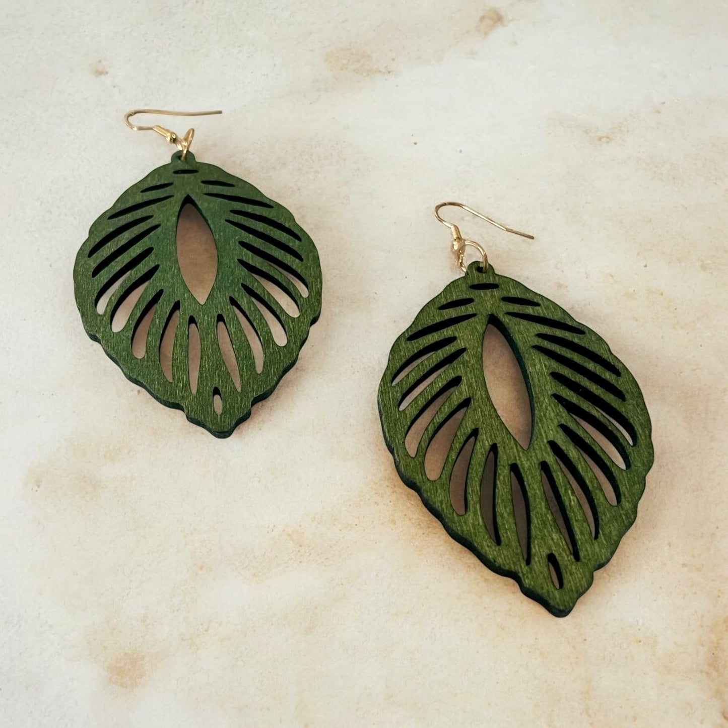 Nature-Inspired Green Wooden Leaf Earrings