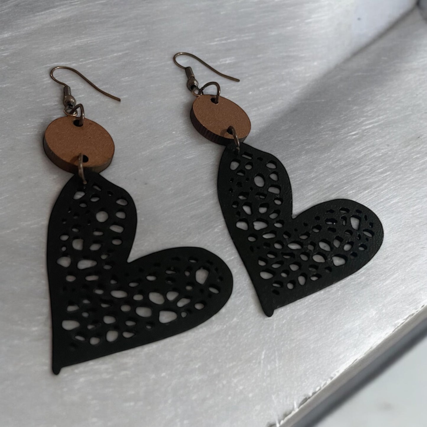 Faux Leather Heart & Wood Earrings