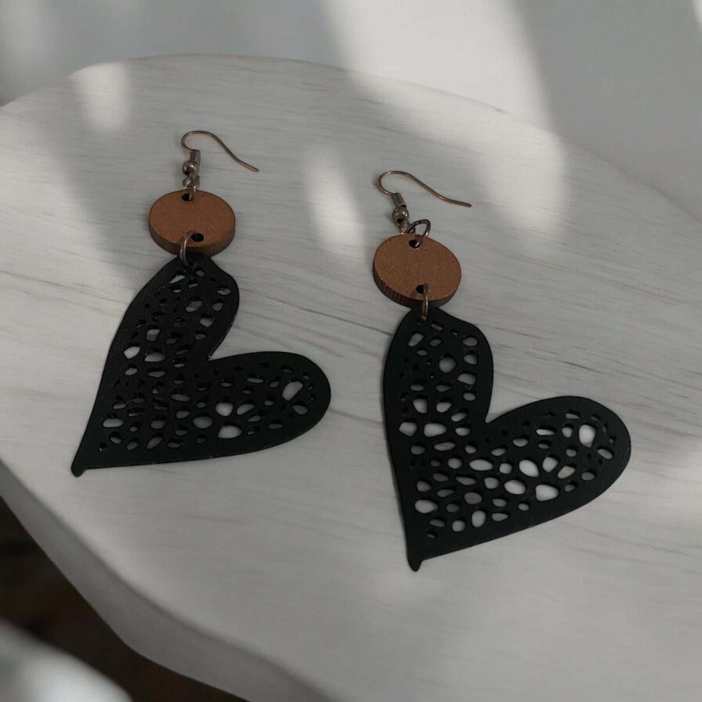 Faux Leather Heart & Wood Earrings