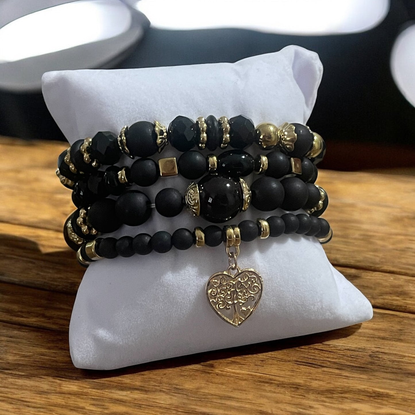 Black Radiance 4-Piece Bracelet Stack – Black with Gold Accents