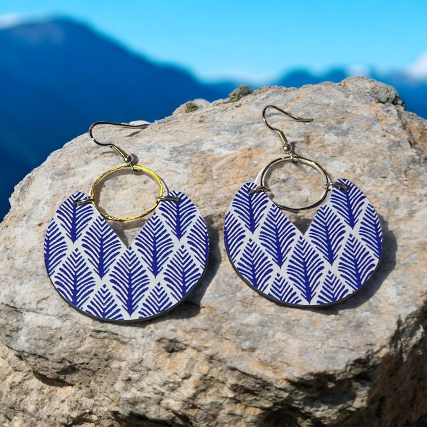 Blue Fern Pattern Hoop Earrings