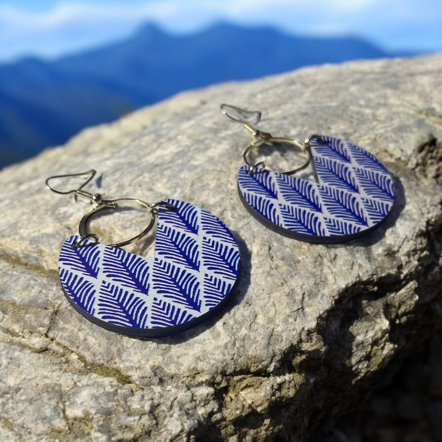 Blue Fern Pattern Hoop Earrings
