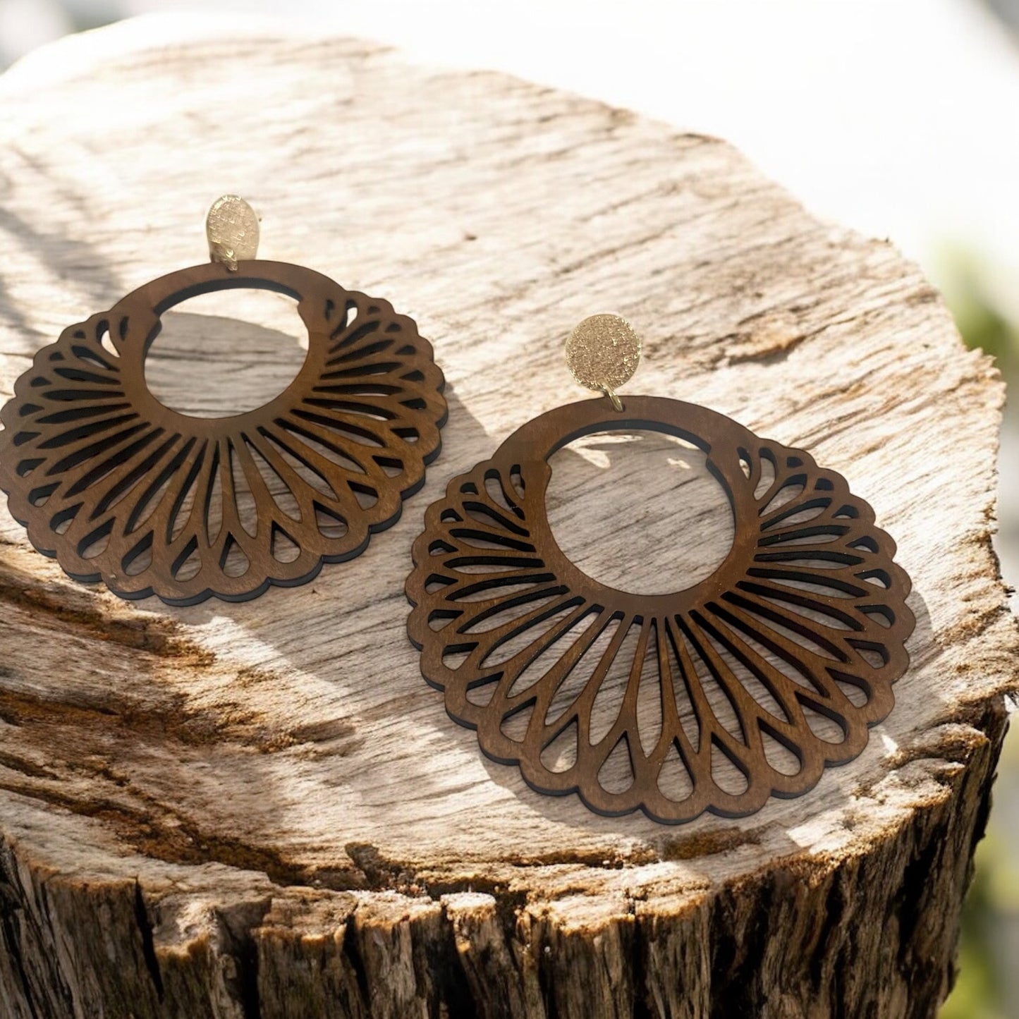 Boho Chic Laser-Cut Wooden Fan Earrings – Lightweight Statement Jewelry