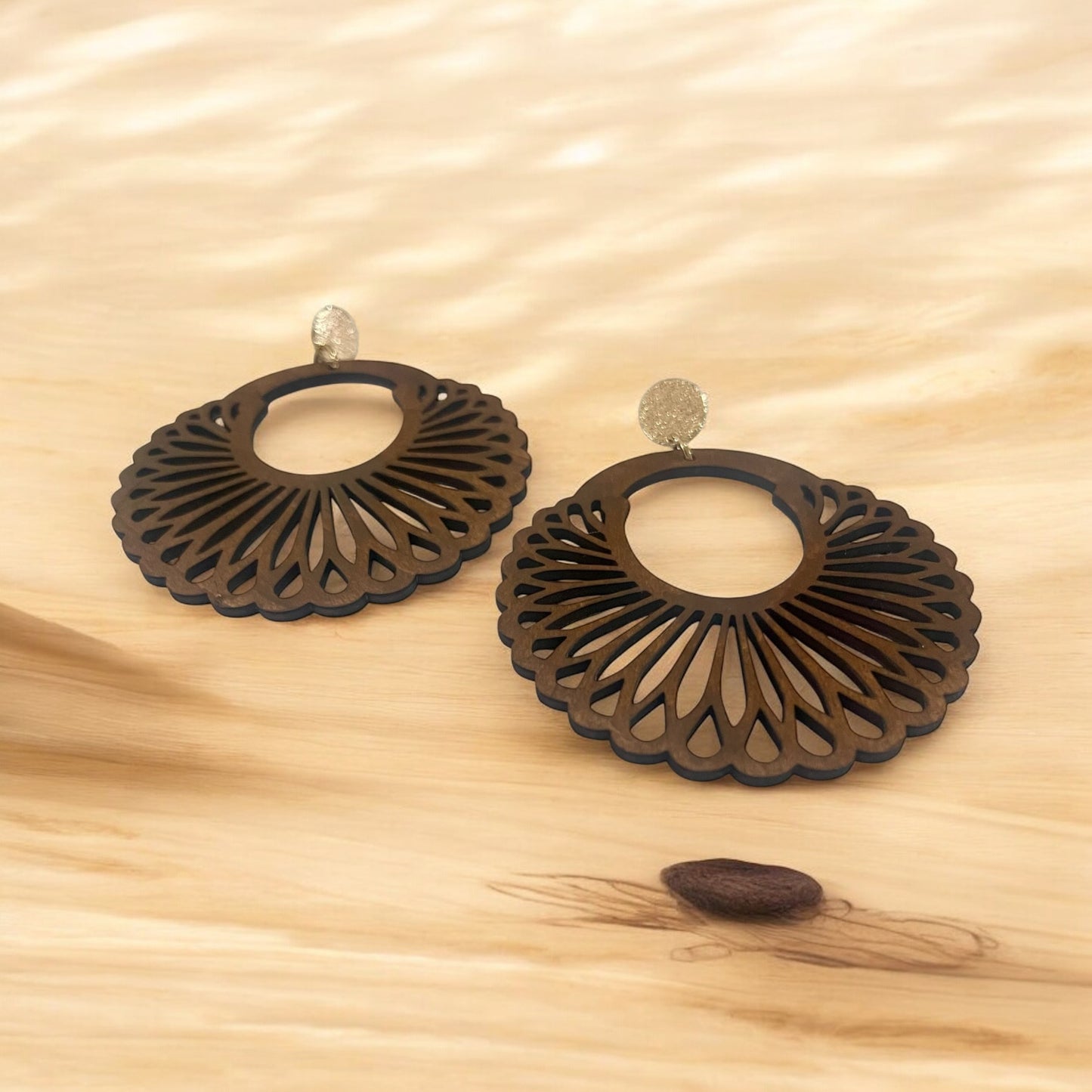 Boho Chic Laser-Cut Wooden Fan Earrings – Lightweight Statement Jewelry