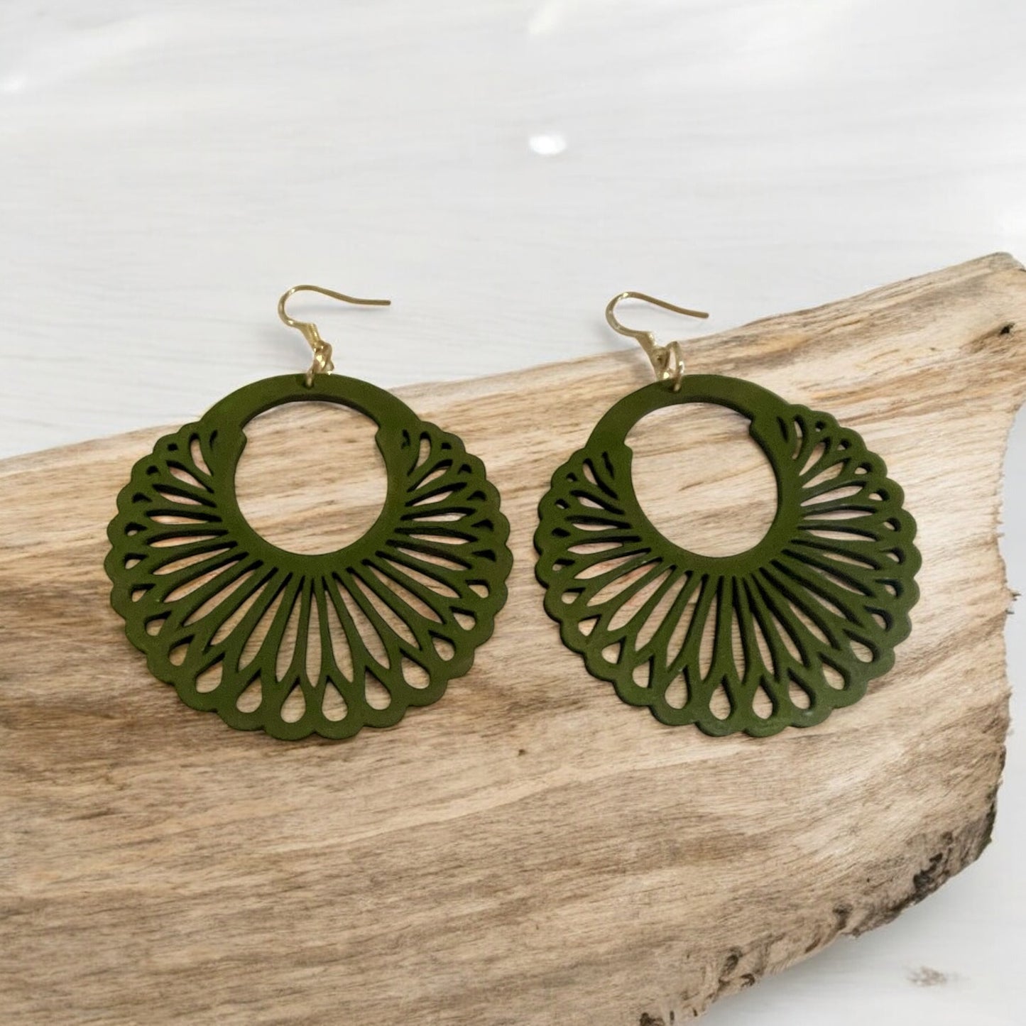 Olive Green Boho Laser-Cut Wooden Fan Earrings – Lightweight Statement Jewelry