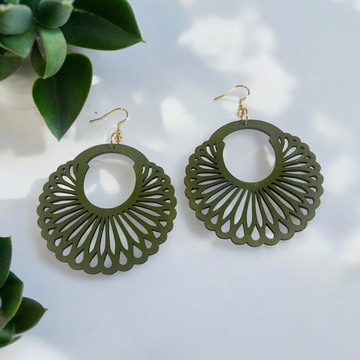 Olive Green Boho Laser-Cut Wooden Fan Earrings – Lightweight Statement Jewelry