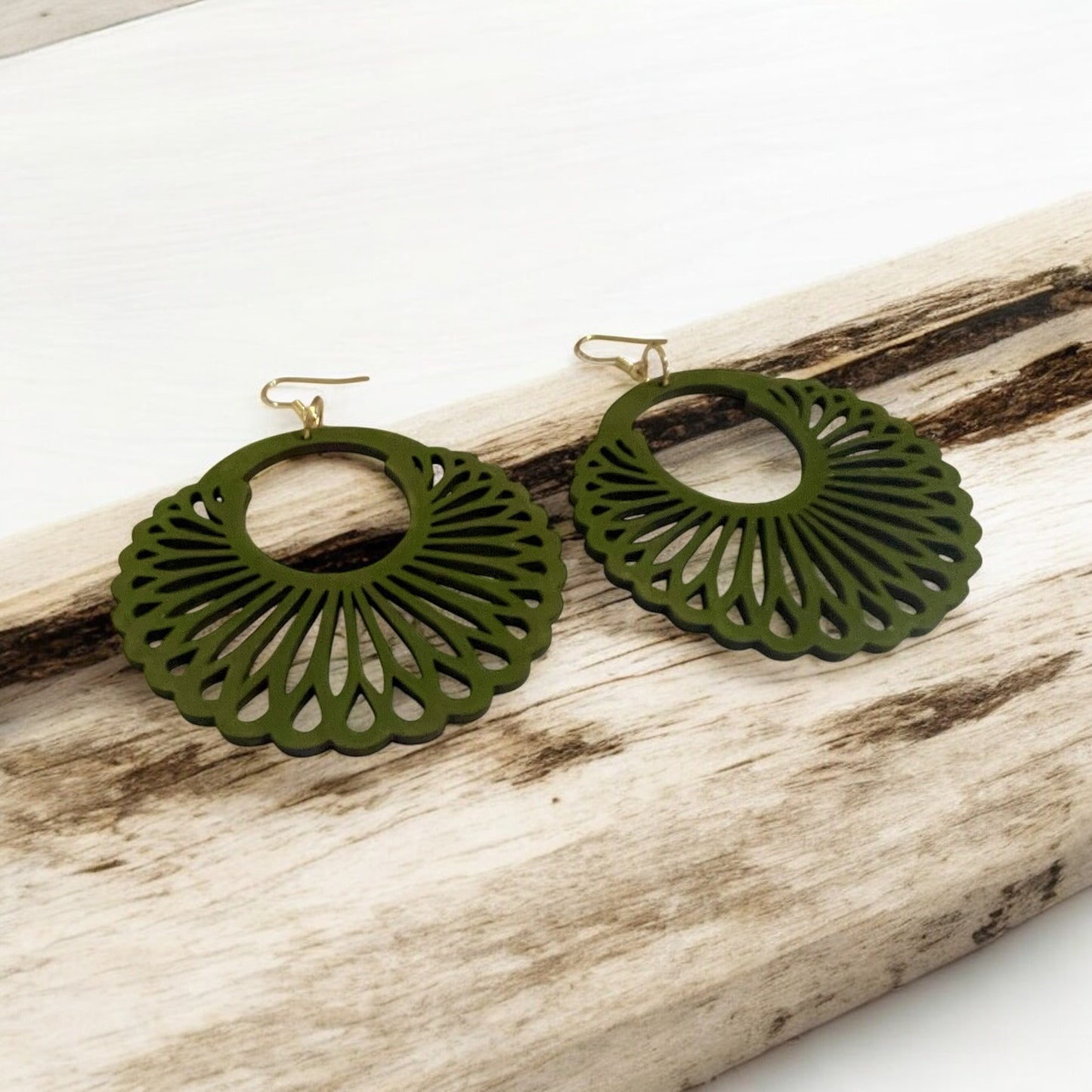 Olive Green Boho Laser-Cut Wooden Fan Earrings – Lightweight Statement Jewelry