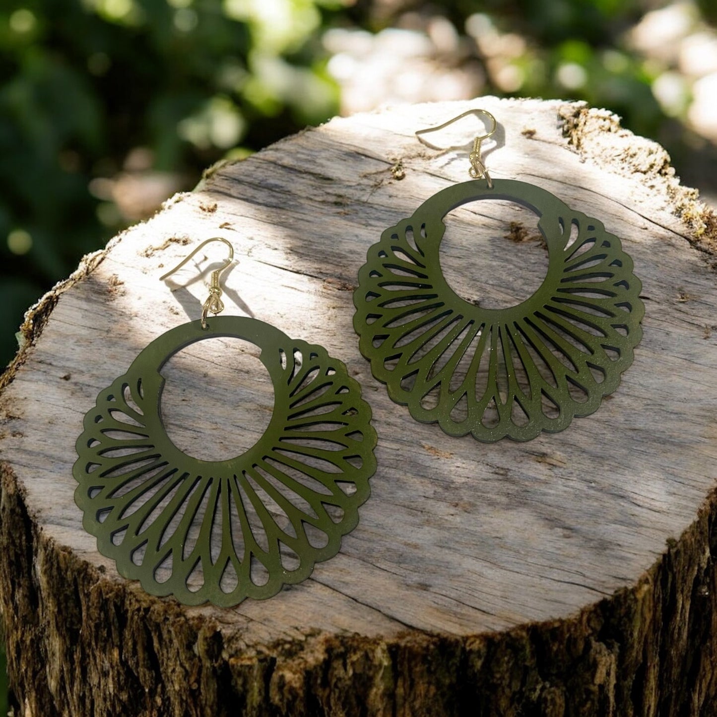 Olive Green Boho Laser-Cut Wooden Fan Earrings – Lightweight Statement Jewelry
