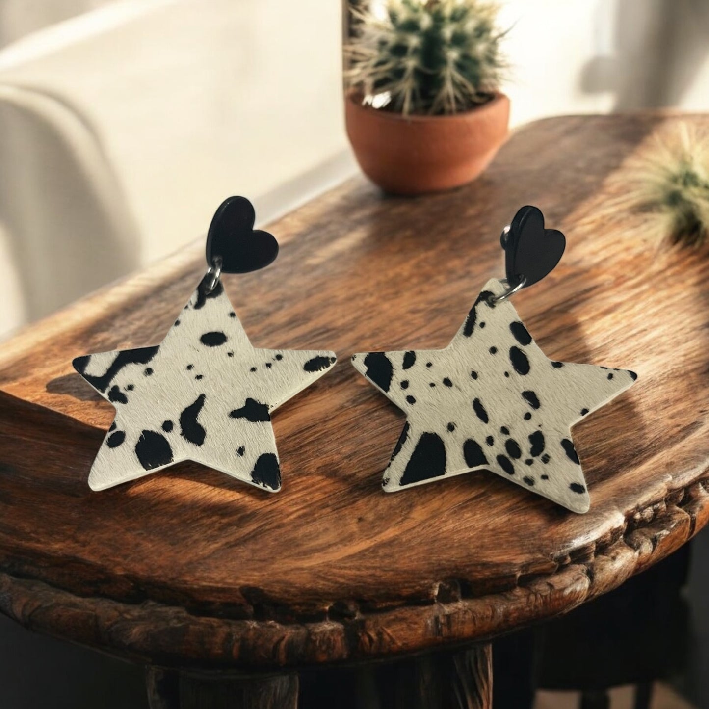 Cow Print Star Earrings with Heart Studs