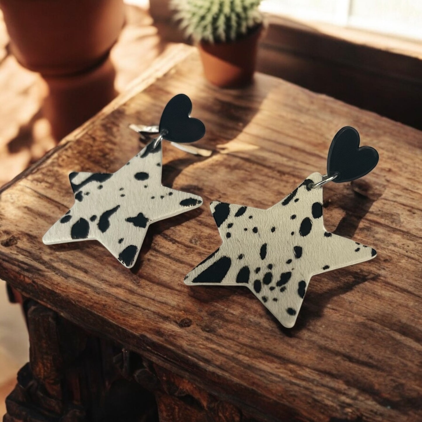 Cow Print Star Earrings with Heart Studs