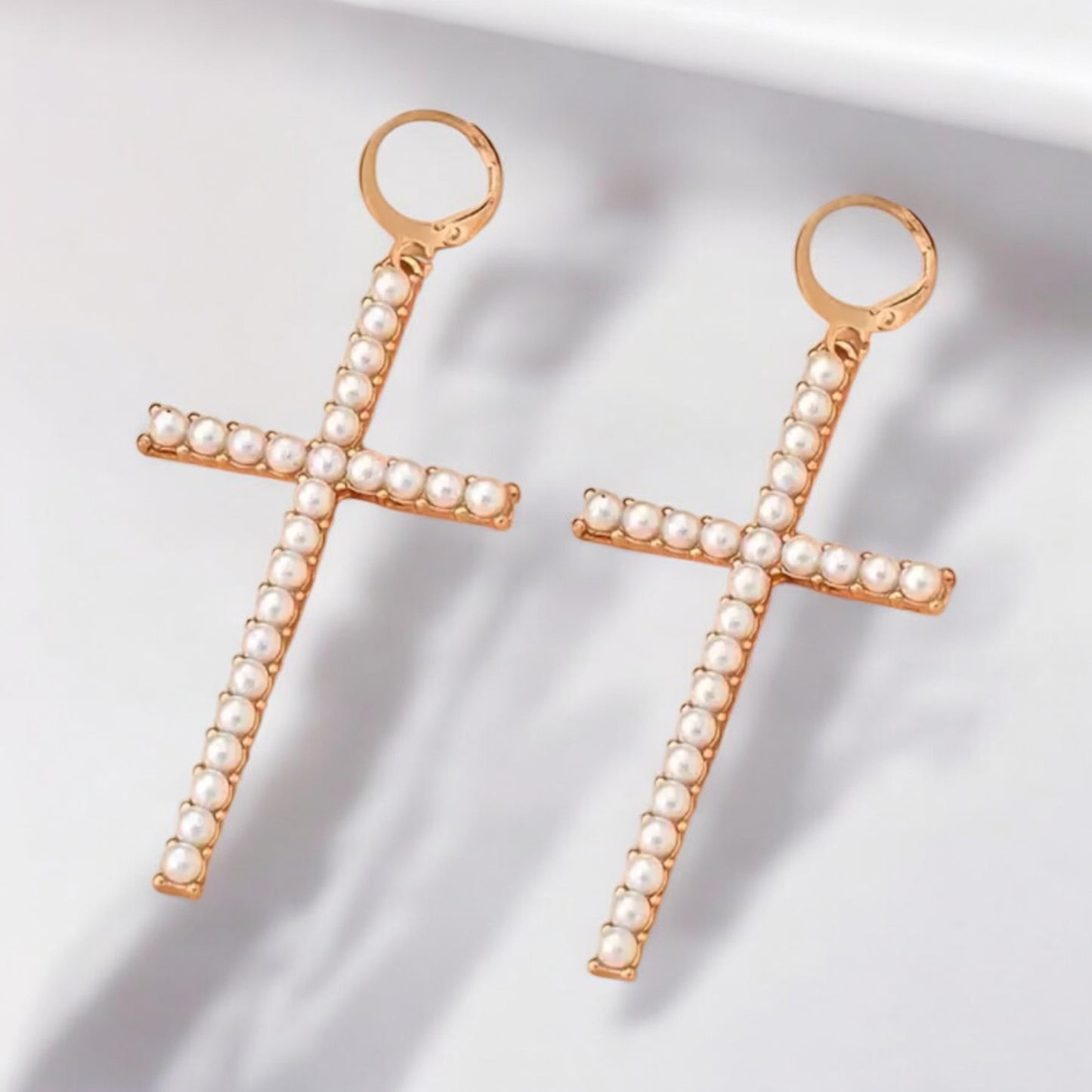 Elegant Pearl Cross Earrings