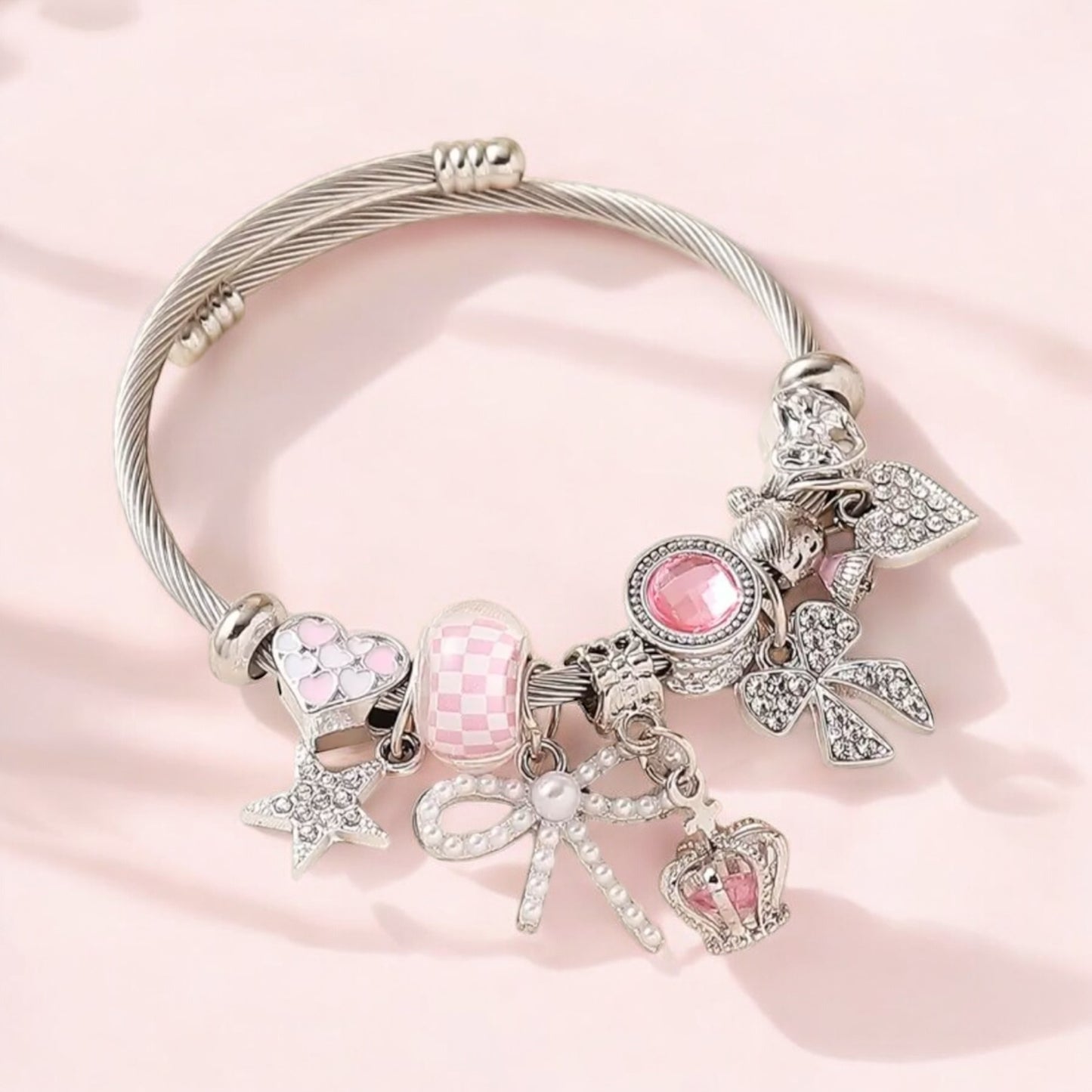 Princess-Inspired Charm Bracelet with Crown and Bow Details