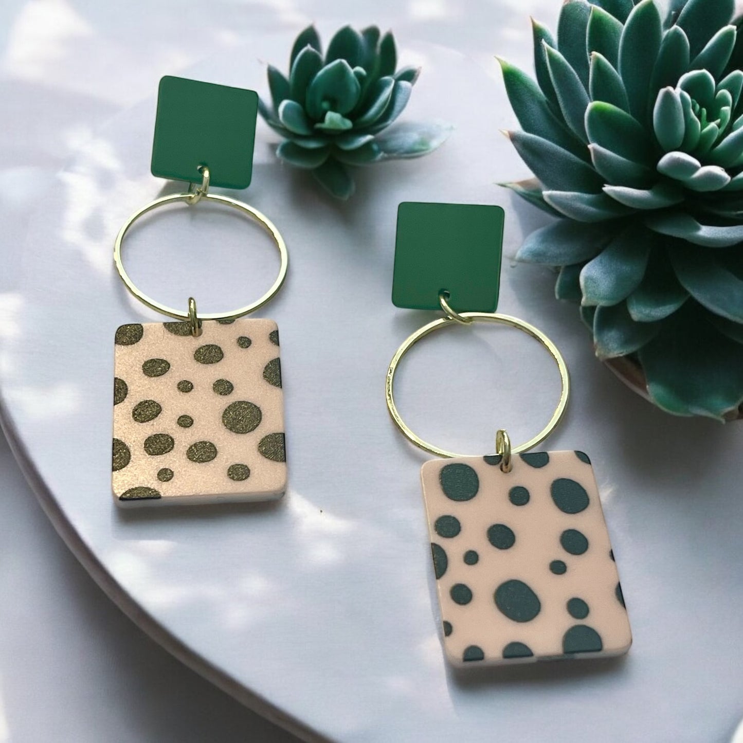 Green, Gold, and Dalmatian Print Dangle Earrings