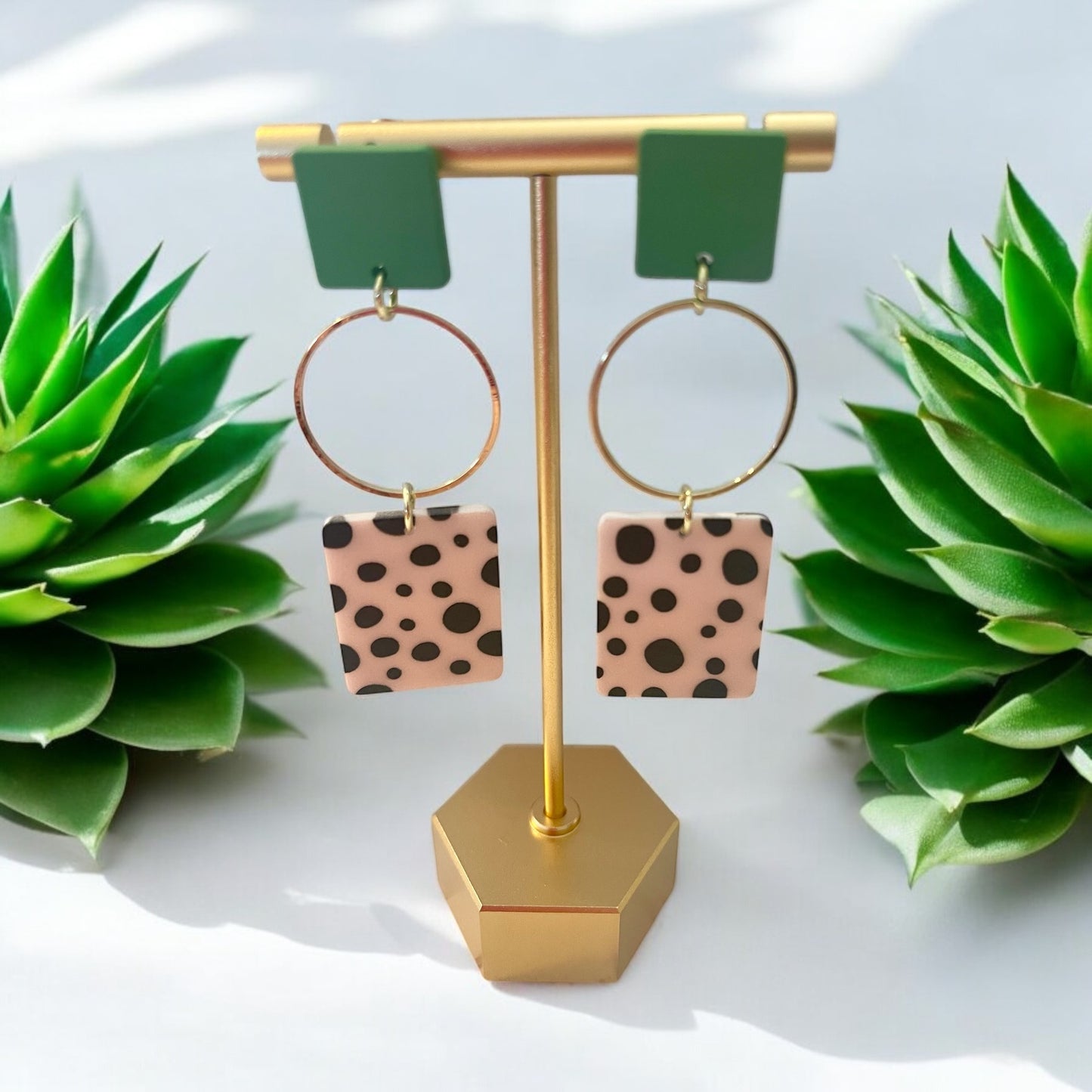 Green, Gold, and Dalmatian Print Dangle Earrings