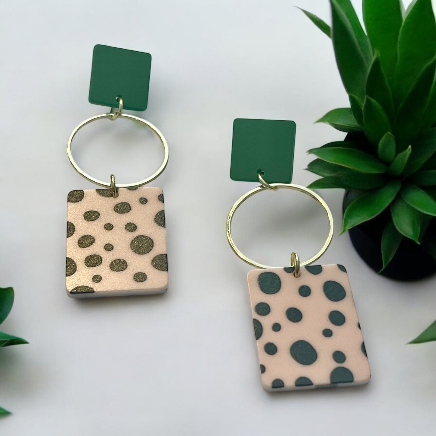 Green, Gold, and Dalmatian Print Dangle Earrings