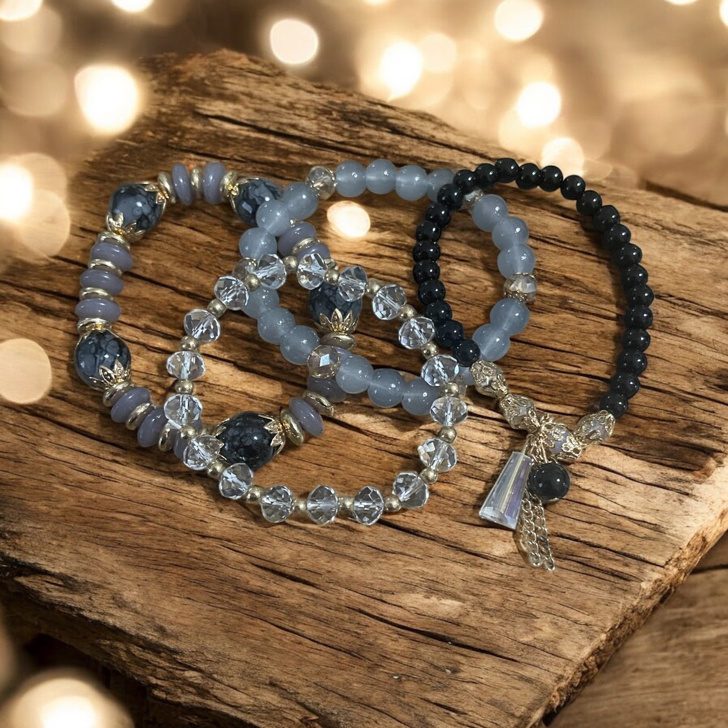 Midnight Mist 4-Piece Bracelet Stack – Black, Gray & Clear Beads with Gold Accents