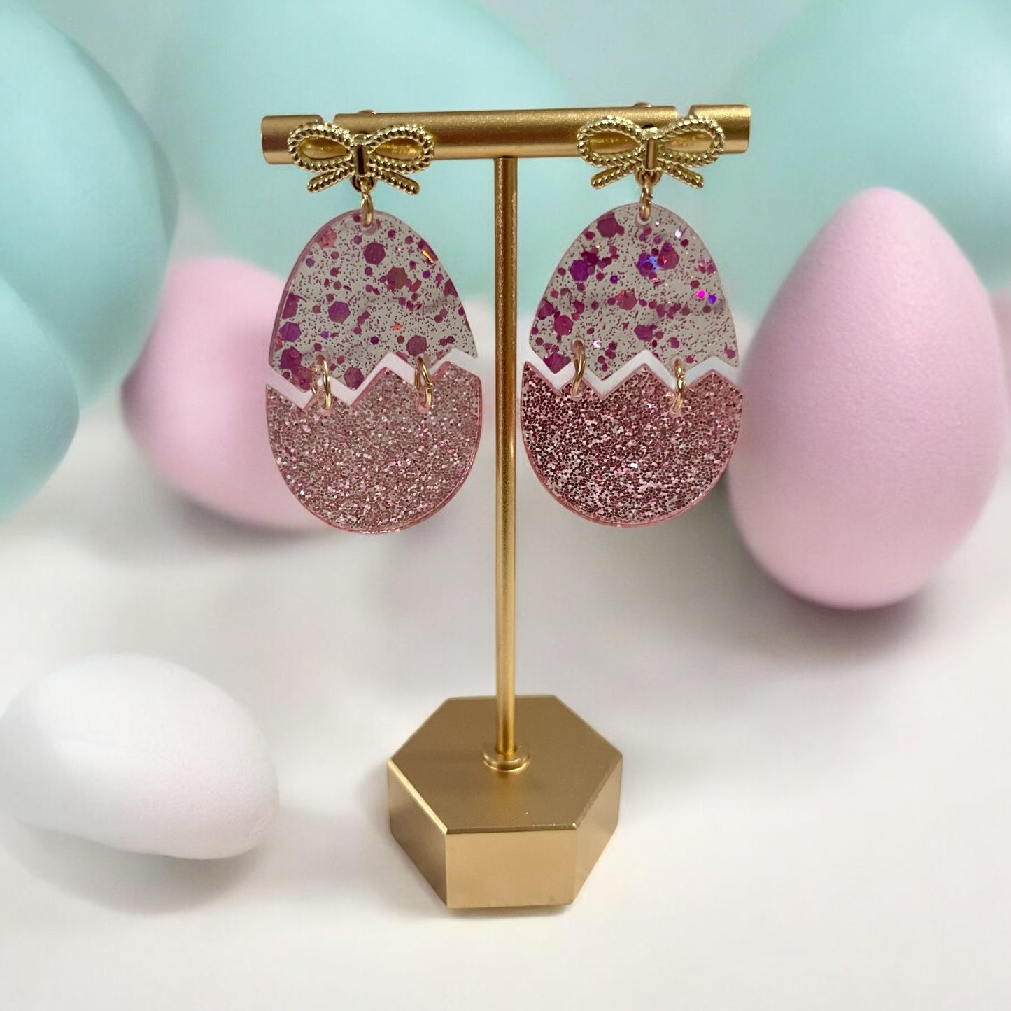 Glitter Egg & Bow Drop Earrings