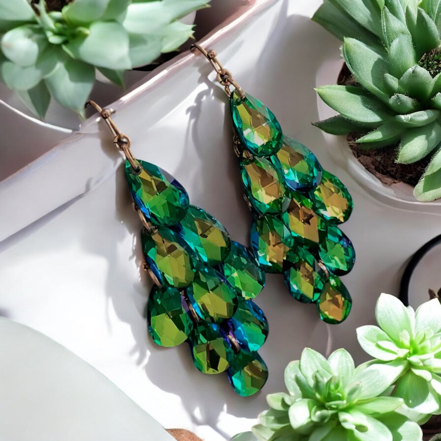 Emerald Cascade Teardrop Crystal Earrings