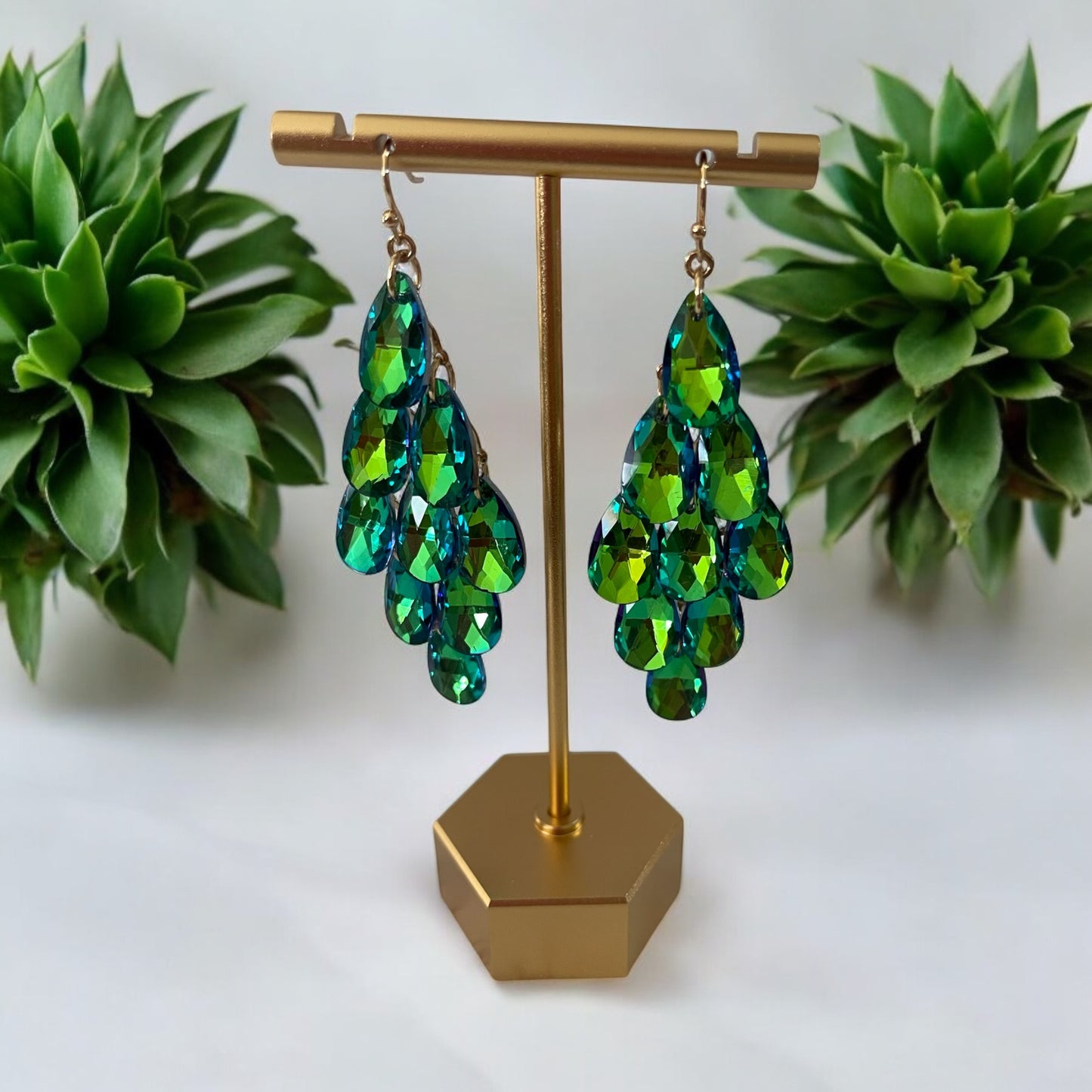 Emerald Cascade Teardrop Crystal Earrings