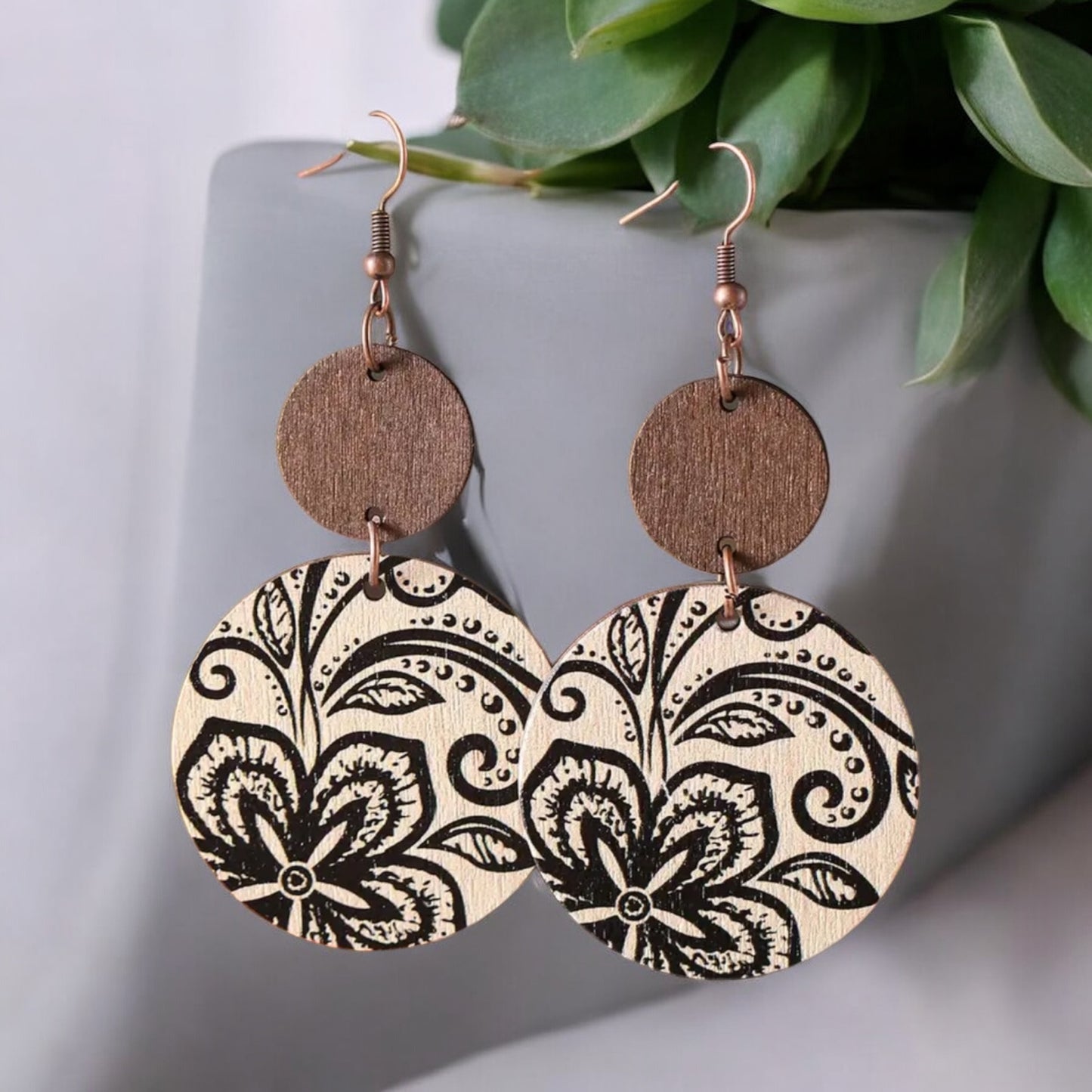 Floral Boho Wooden Dangle Earrings