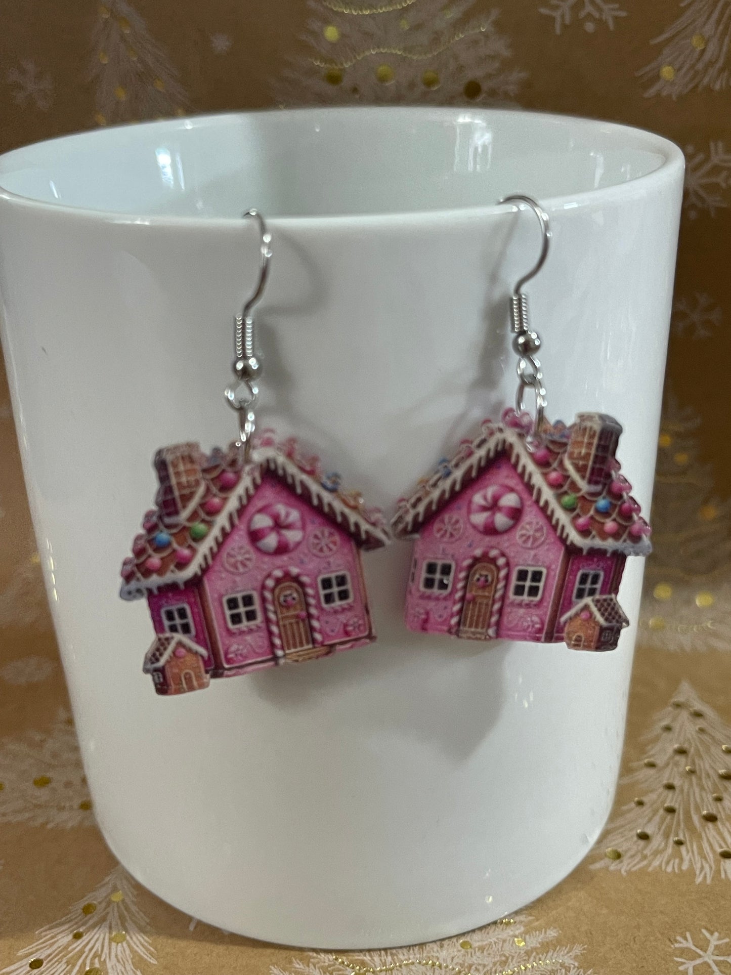 Pink Gingerbread House Earrings