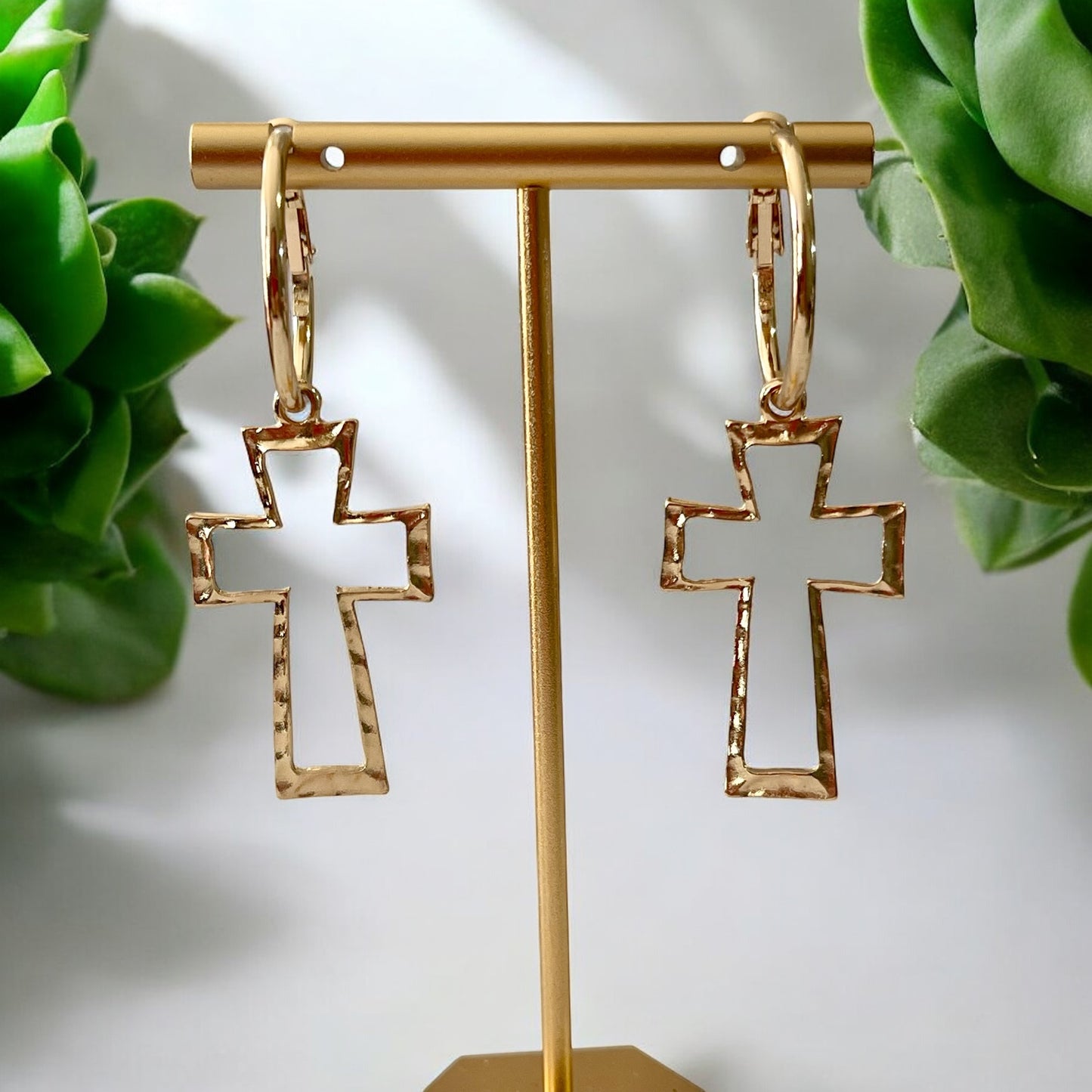 Elegant Gold Hammered Cross Hoop Earrings