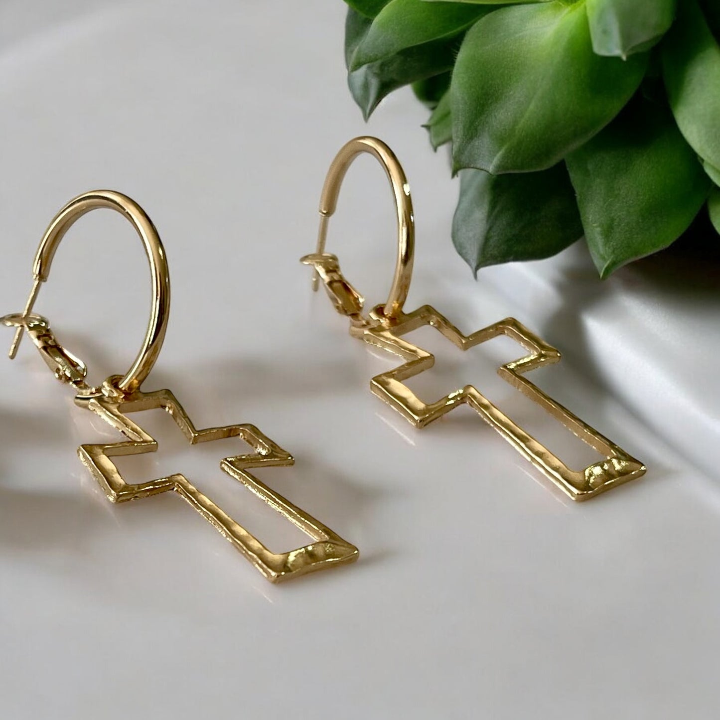 Elegant Gold Hammered Cross Hoop Earrings