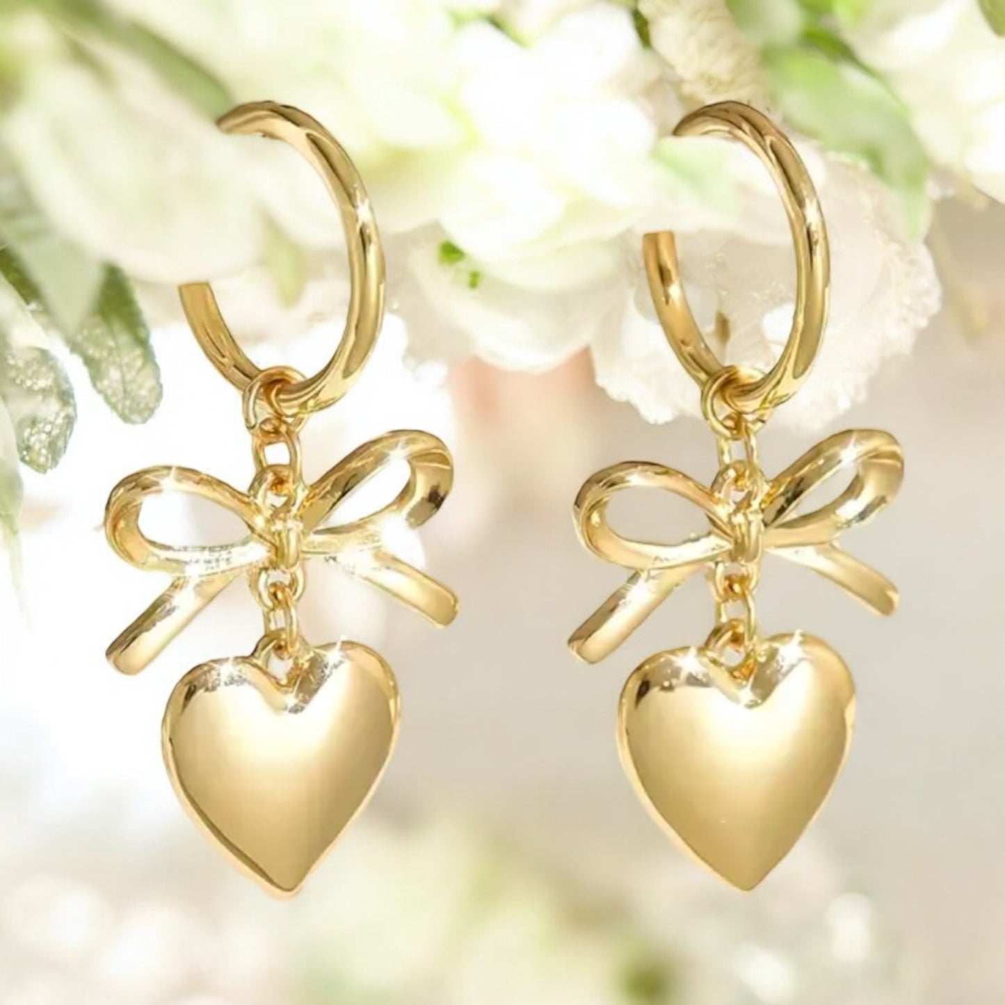 Golden Bow Heart Hoop Earrings
