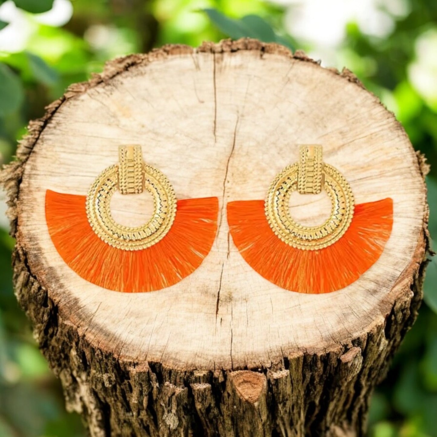Boho Chic Gold and Orange Fan Tassel Earrings