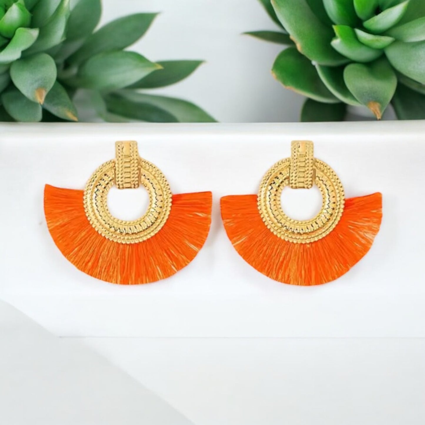 Boho Chic Gold and Orange Fan Tassel Earrings