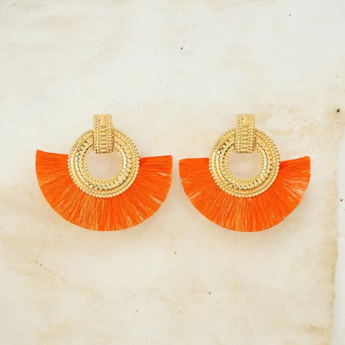 Boho Chic Gold and Orange Fan Tassel Earrings