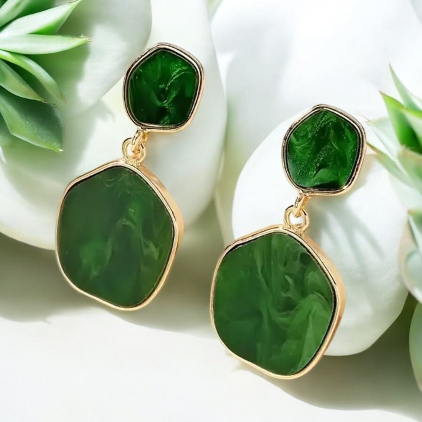 Green Resin and Gold-Tone Dangle Earrings