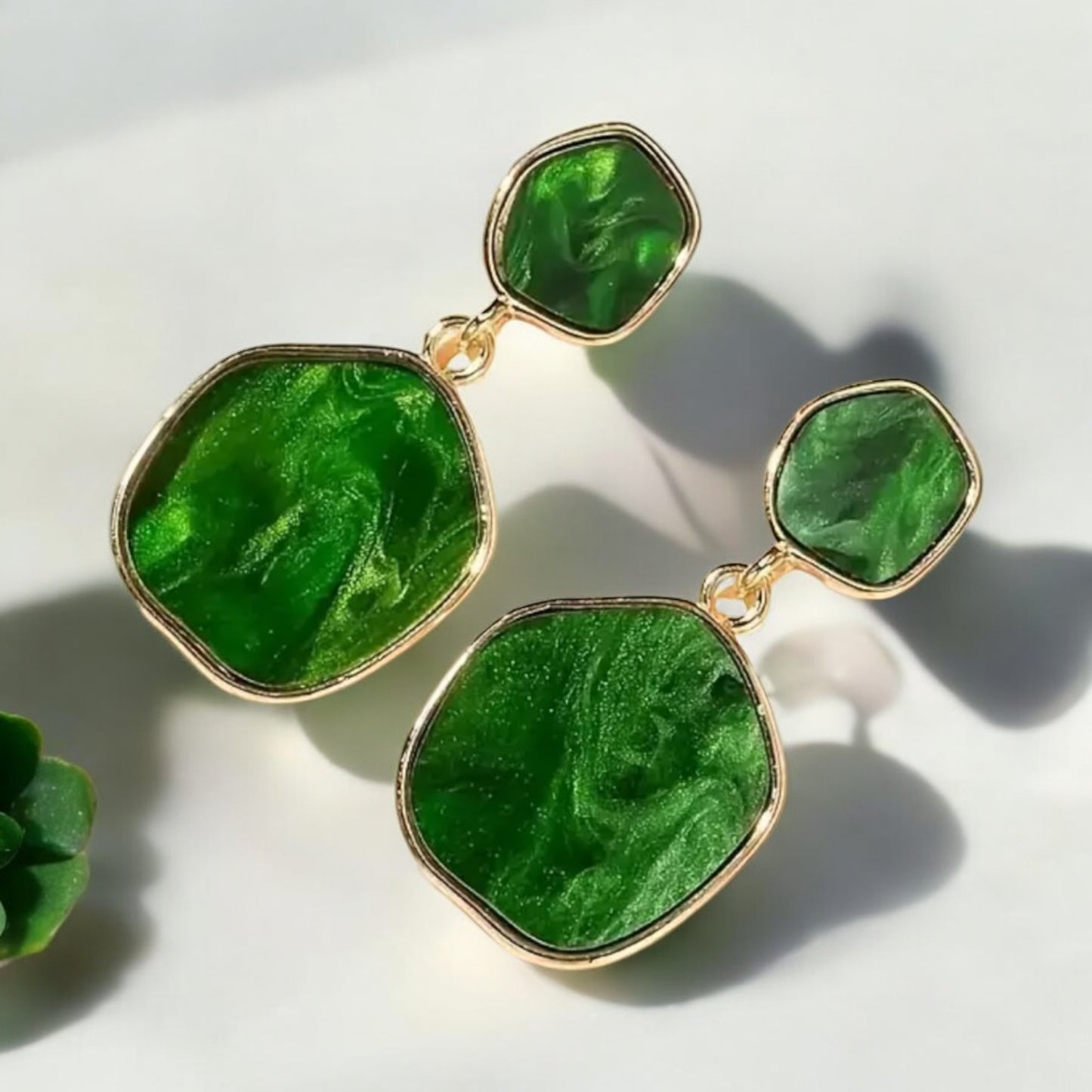 Green Resin and Gold-Tone Dangle Earrings