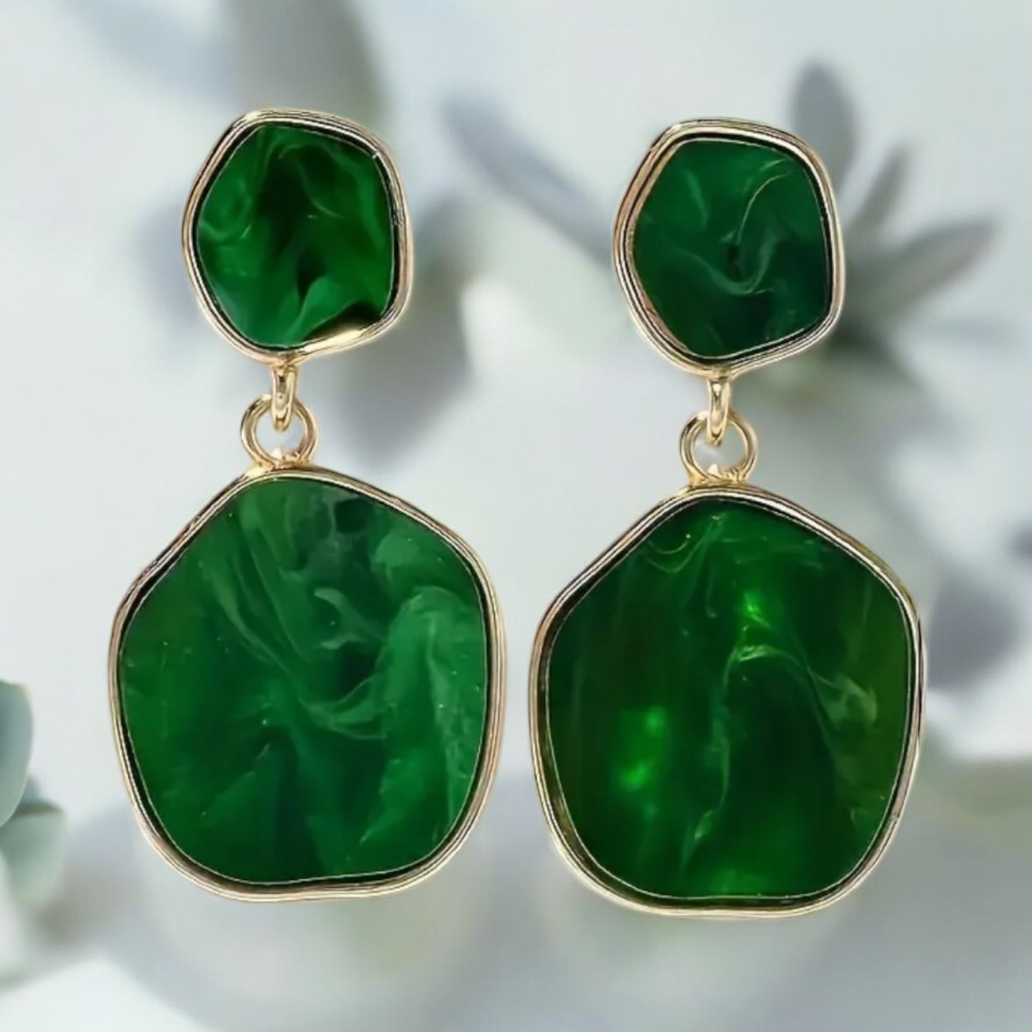 Green Resin and Gold-Tone Dangle Earrings