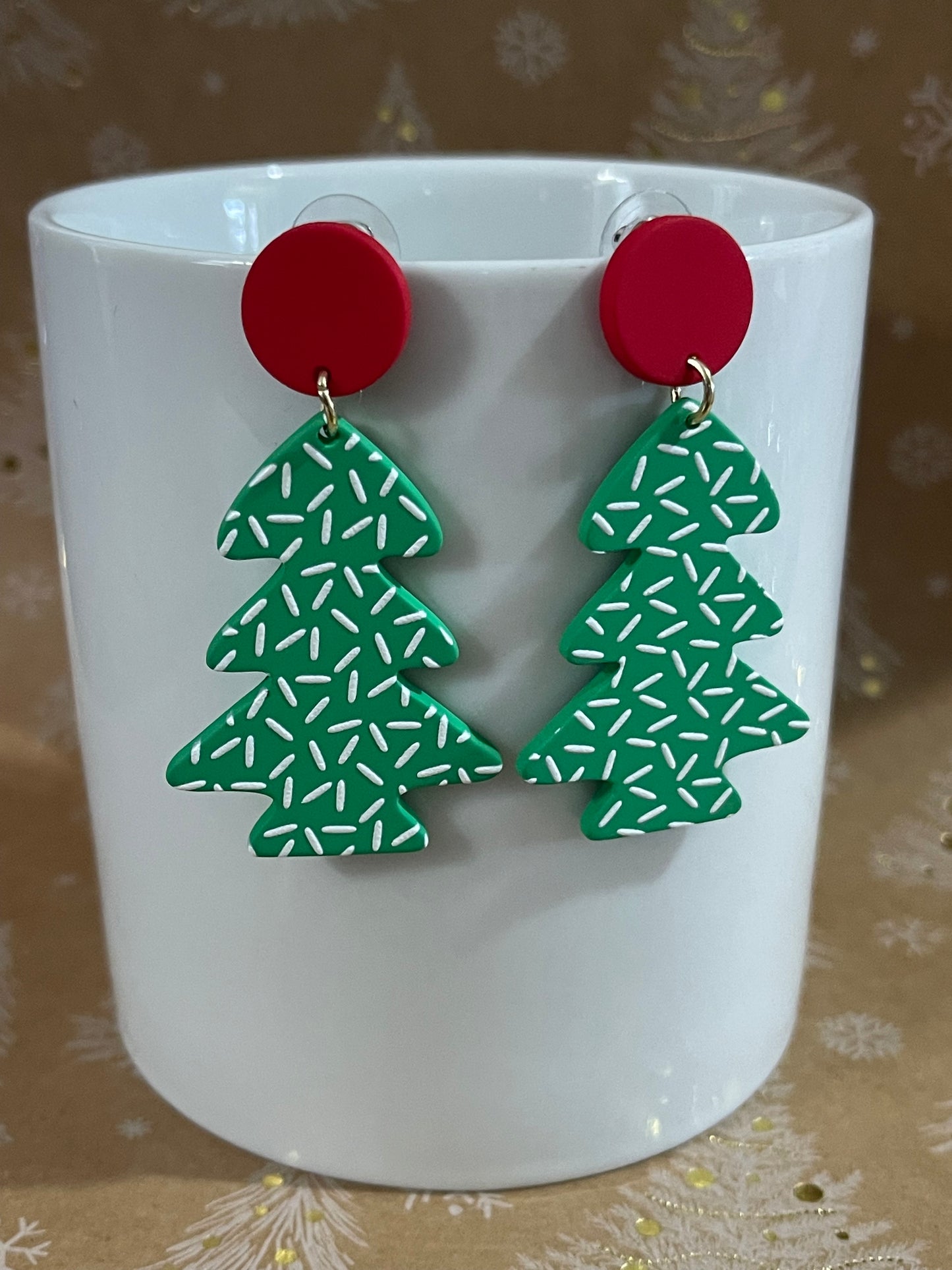 Green Christmas Tree Earrings with White Sprinkles and Red Stud Accent