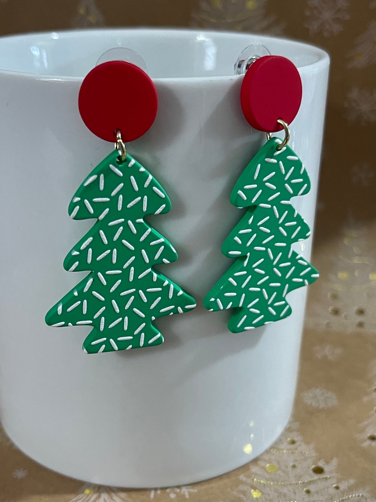 Green Christmas Tree Earrings with White Sprinkles and Red Stud Accent