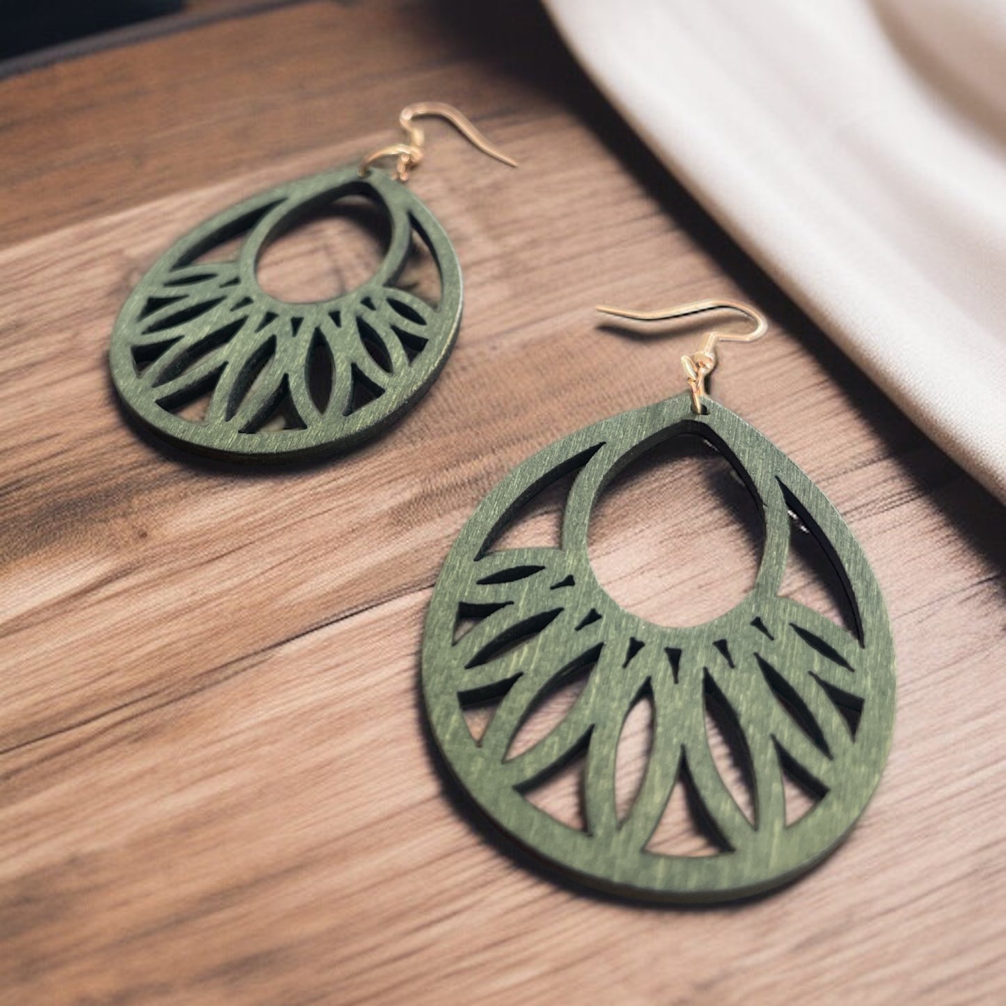 Emerald Teardrop Laser-Cut Wood Earrings