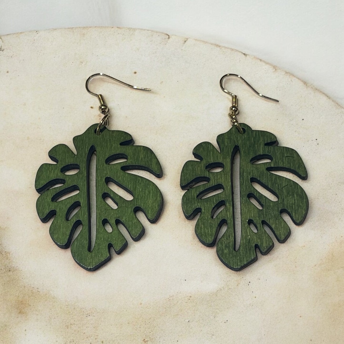 Hunter Green Monstera Leaf Earrings