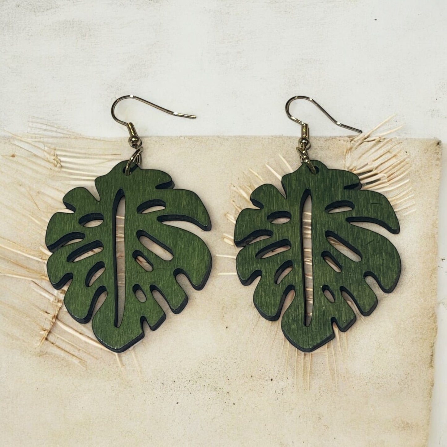 Hunter Green Monstera Leaf Earrings