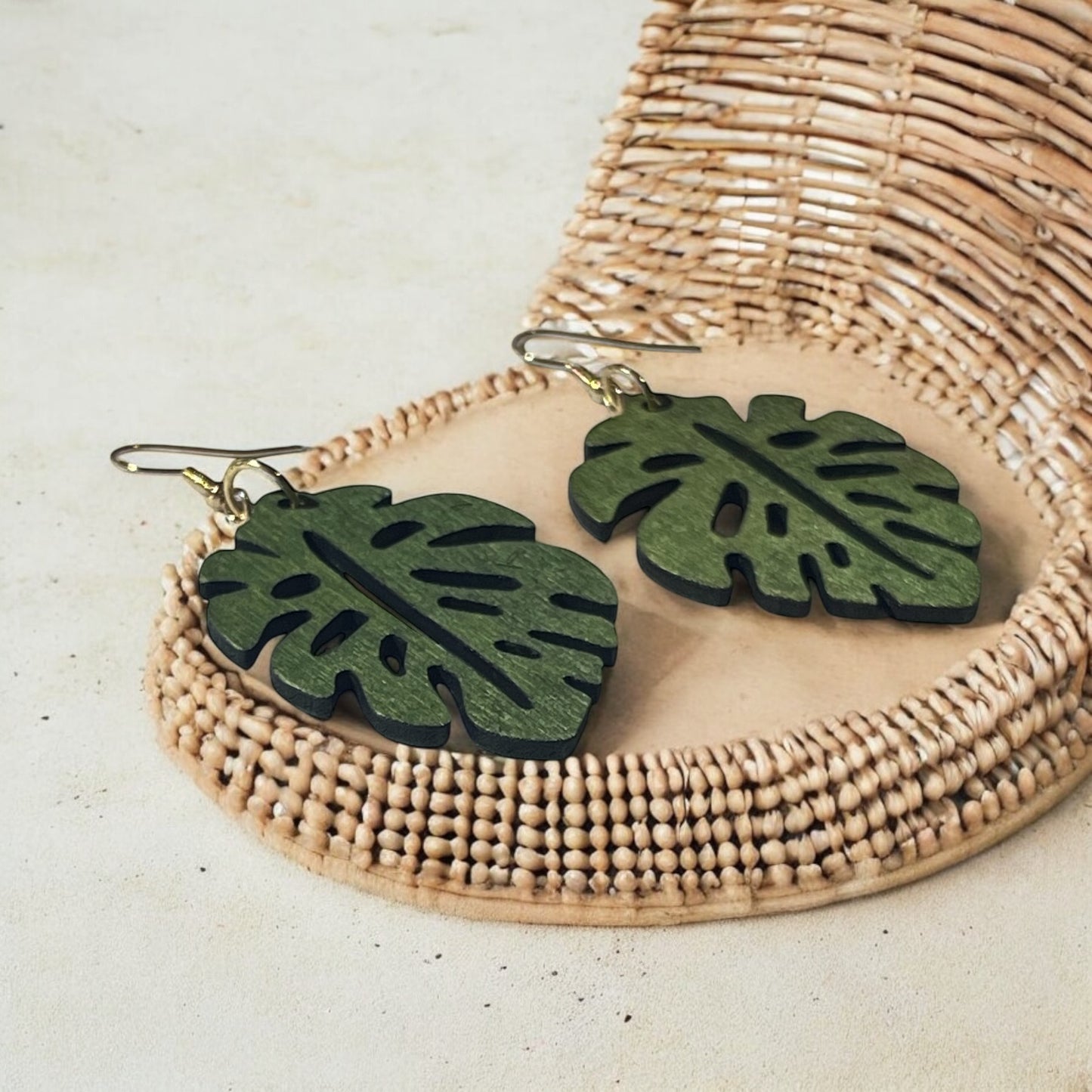 Hunter Green Monstera Leaf Earrings